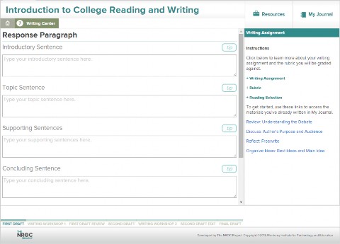 An image shows a screen shot of the seventh and final subsection of the unit, the Writing Center.